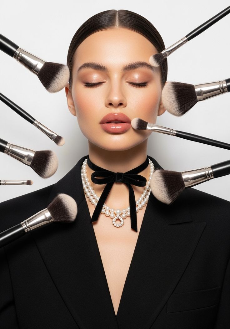 Modèle avec maquillage professionnel entourée de pinceaux de maquillage